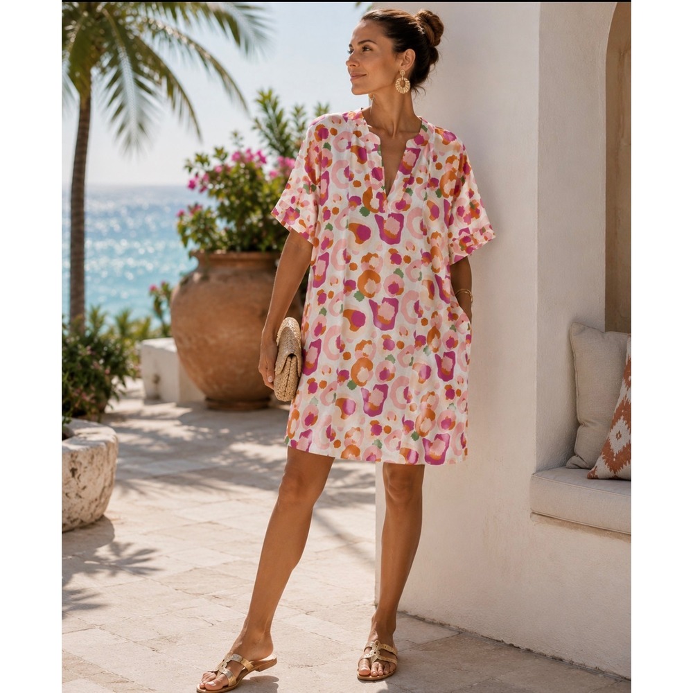 Emily McCarthy Spot Cheetah Print Linen Blend Shift Dress NWOT sz LG